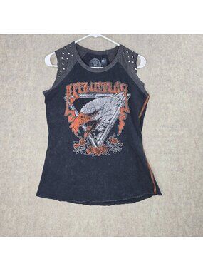 Affliction Womens Sleeveless Graphic Top Black Small Cotton Studded Eagle Design